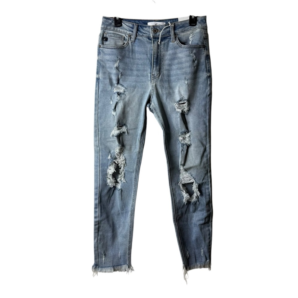 Kancan Medium Wash Distressed Raw Hem Straight Jeans NWT 9 28